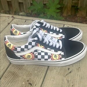 Vans Old Skool Park Project Black and White Checkered Sneakers with Flame Design